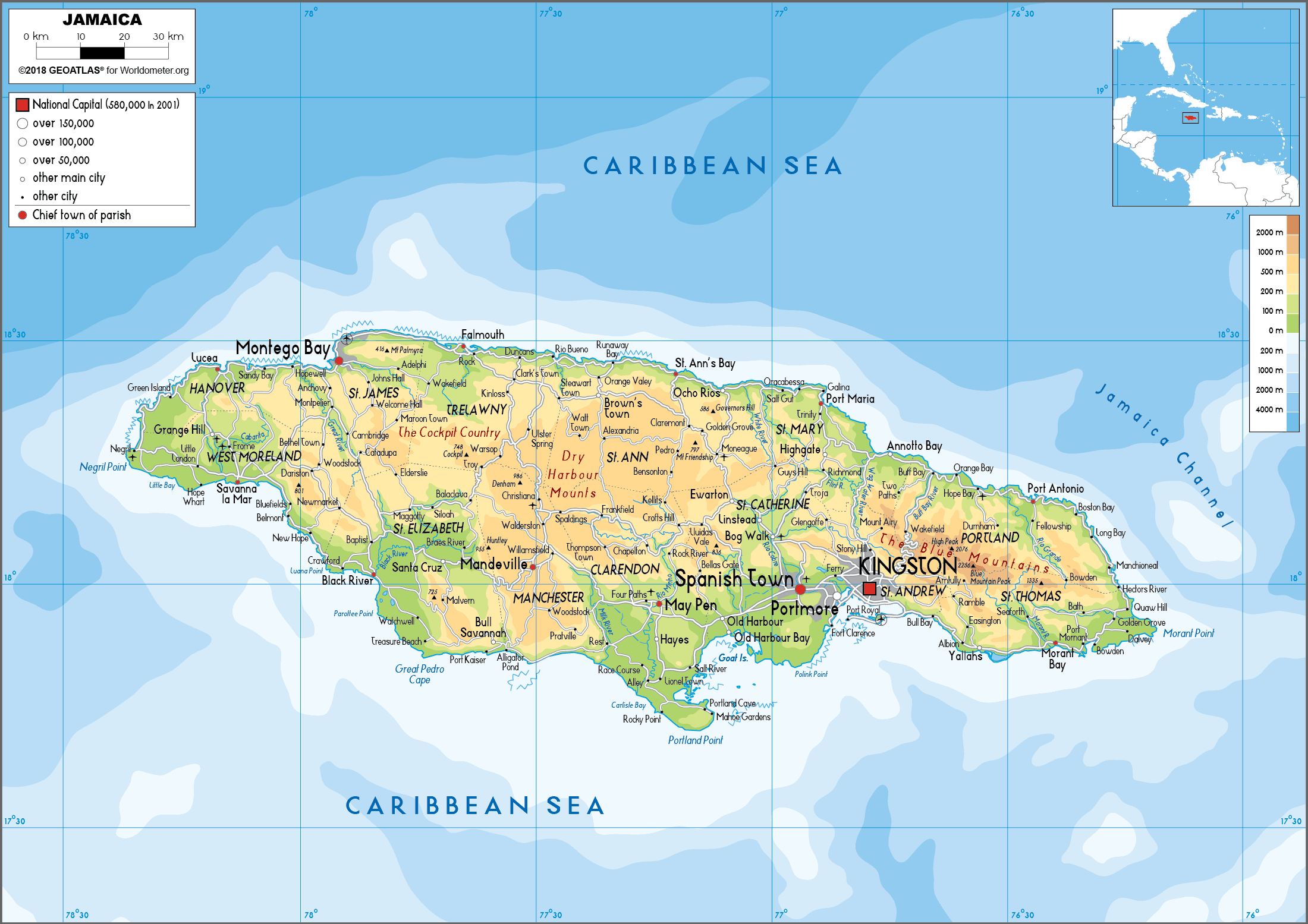 Jamaica Map Physical Worldometer Jamaica Physical Map 