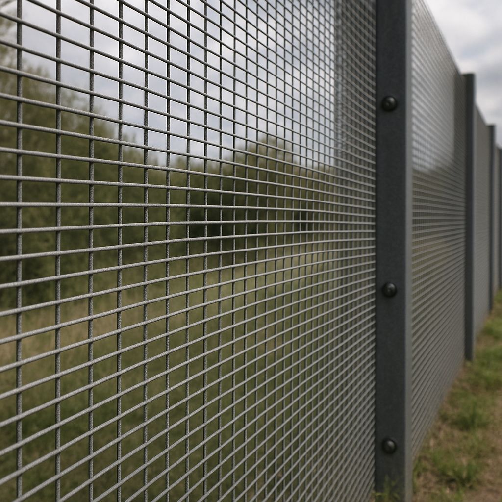 Close-up of a 358 mesh security fence with a blurred natural background.