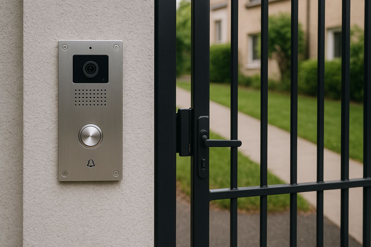 Video intercom system mounted beside a gate at a residential entrance.