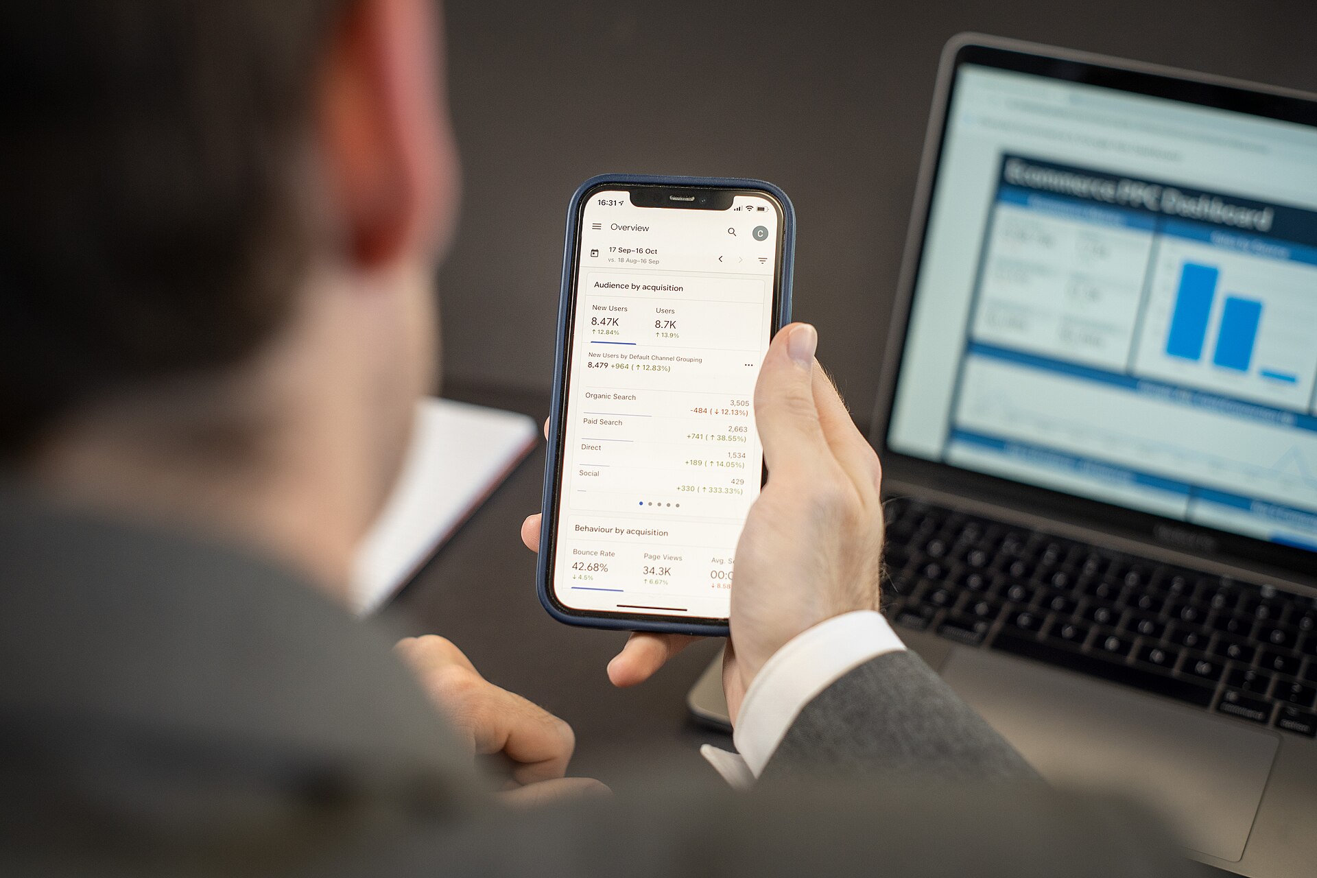 Website analytics viewed on a smartphone and laptop for a traffic exchange comparison