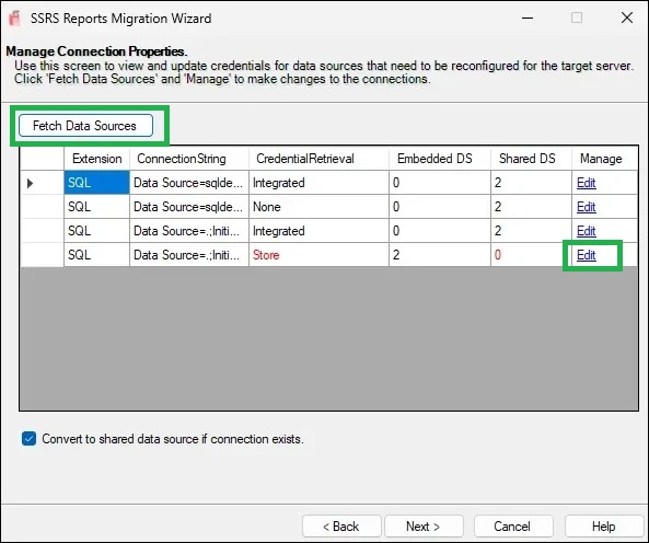 SSRS Reports Migration Wizard — Update Data Source Connections screen