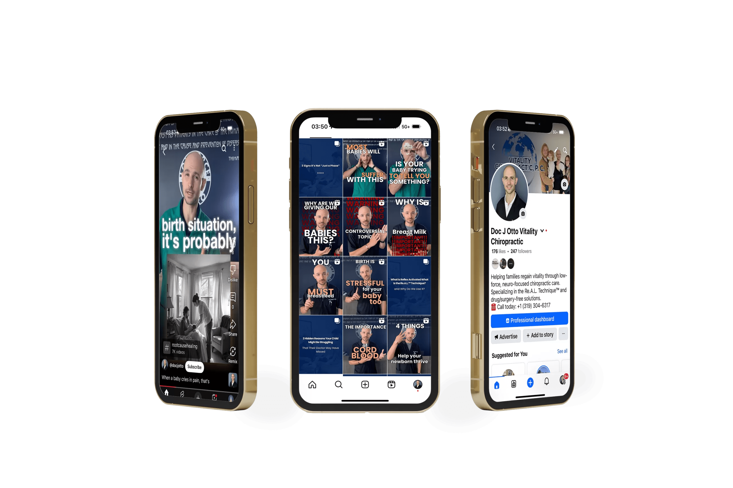 video, posts grid, professional profile.