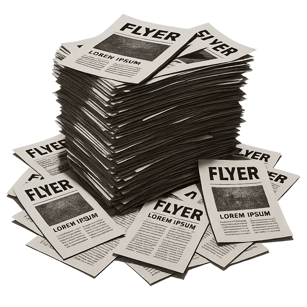 Stack of black and white flyers with the word FLYER and placeholder text LOREM IPSUM.