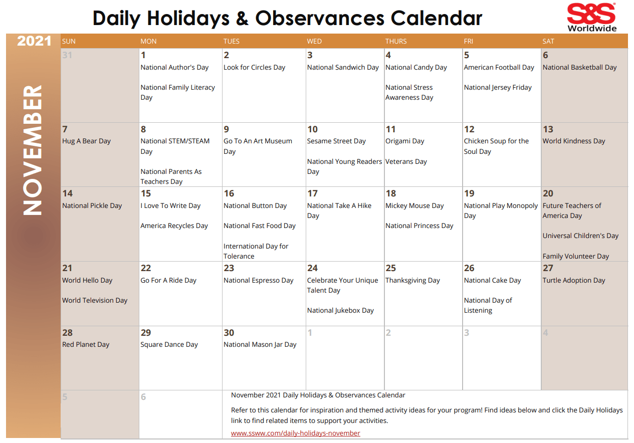 november daily holidays observances printable calendar s s blog