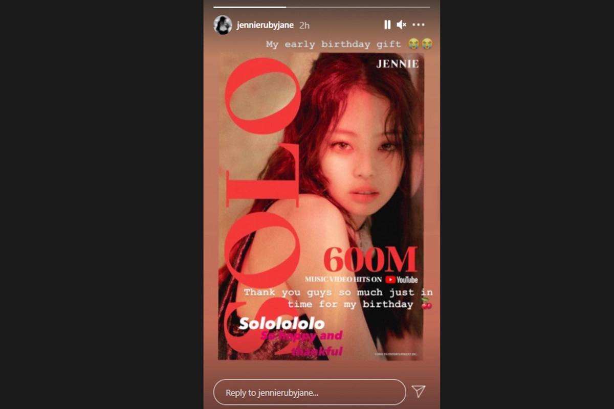 Blackpink jennie's song 'solo' hit 600 million views on youtube