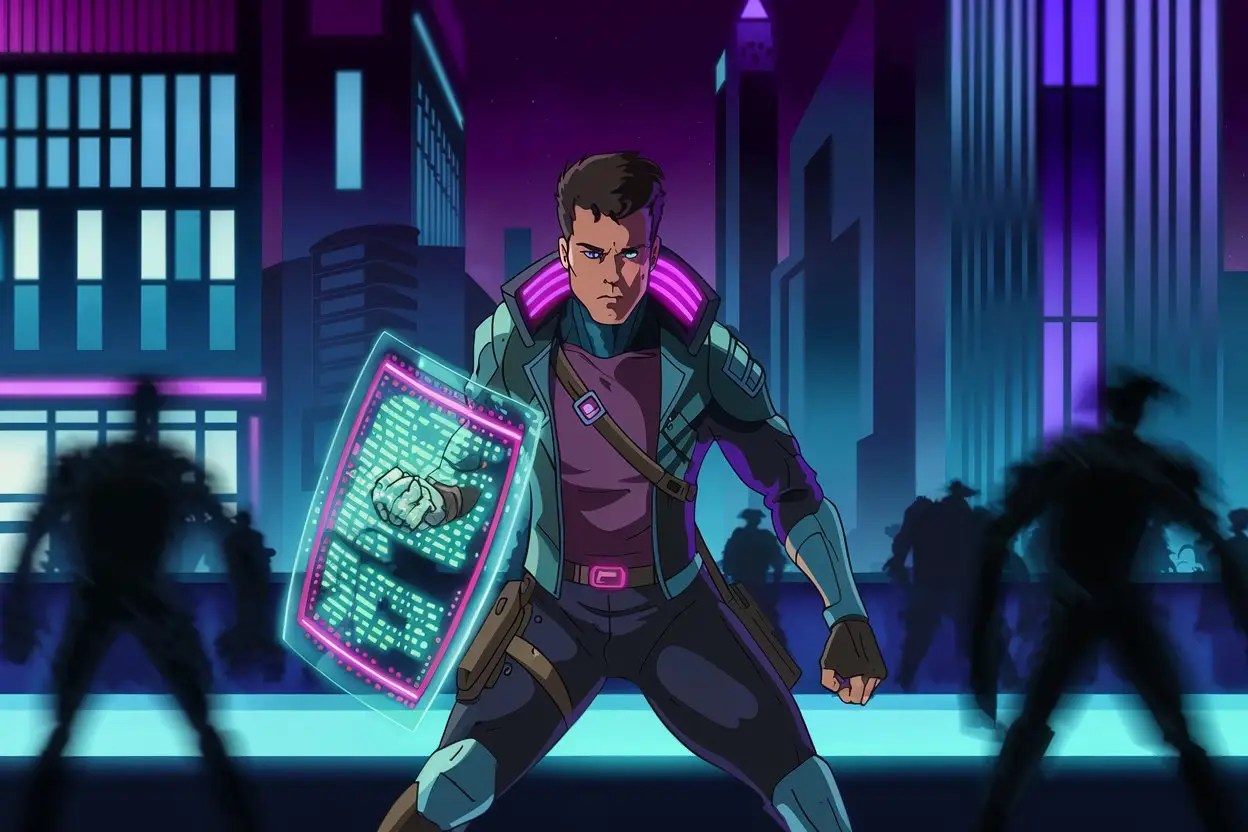 In the darkness of a cyberspace, a lone figure defends your data against shadowy hackers and cyber-thieves.