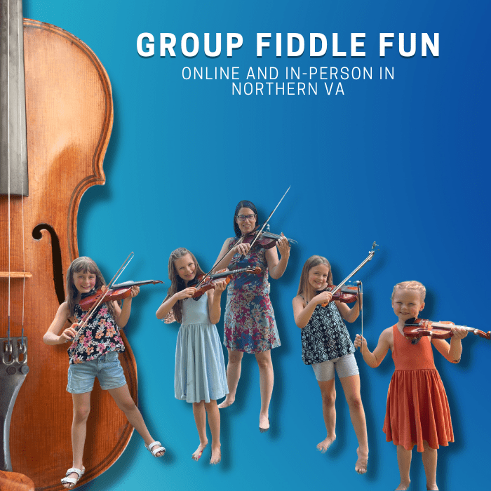 Image of teacher Stacey with girls playing violin