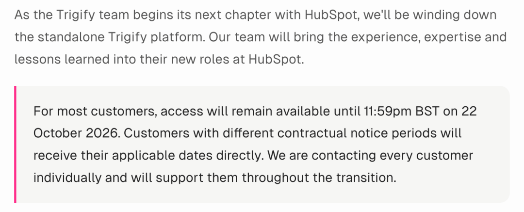 Trigify shutdown notice confirming access to Trigify ends at 11:59pm BST on 22 October 2026