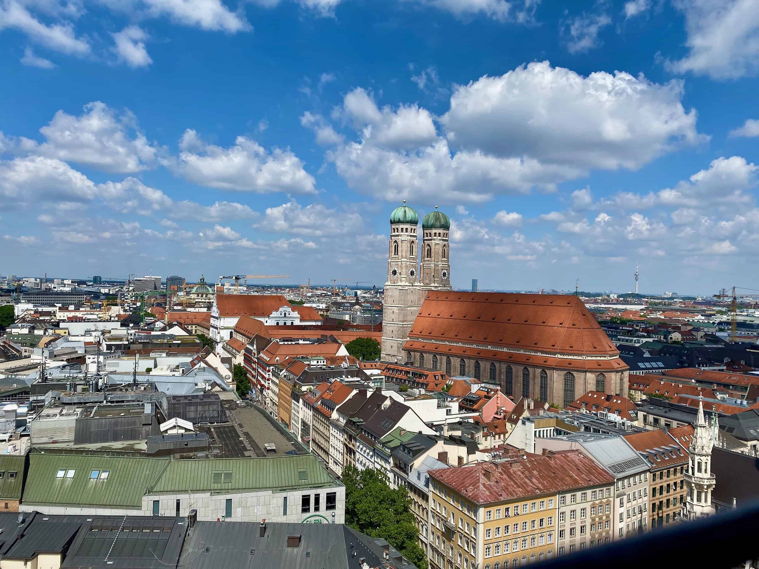 View of Frauenkirche from St Peters Church tower in Munich on a 3 day itinerary