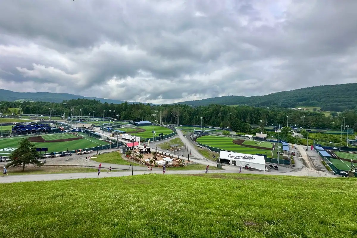 Cooperstown All Star Village baseball complex with turf fields and rolling hills in Cooperstown, New York