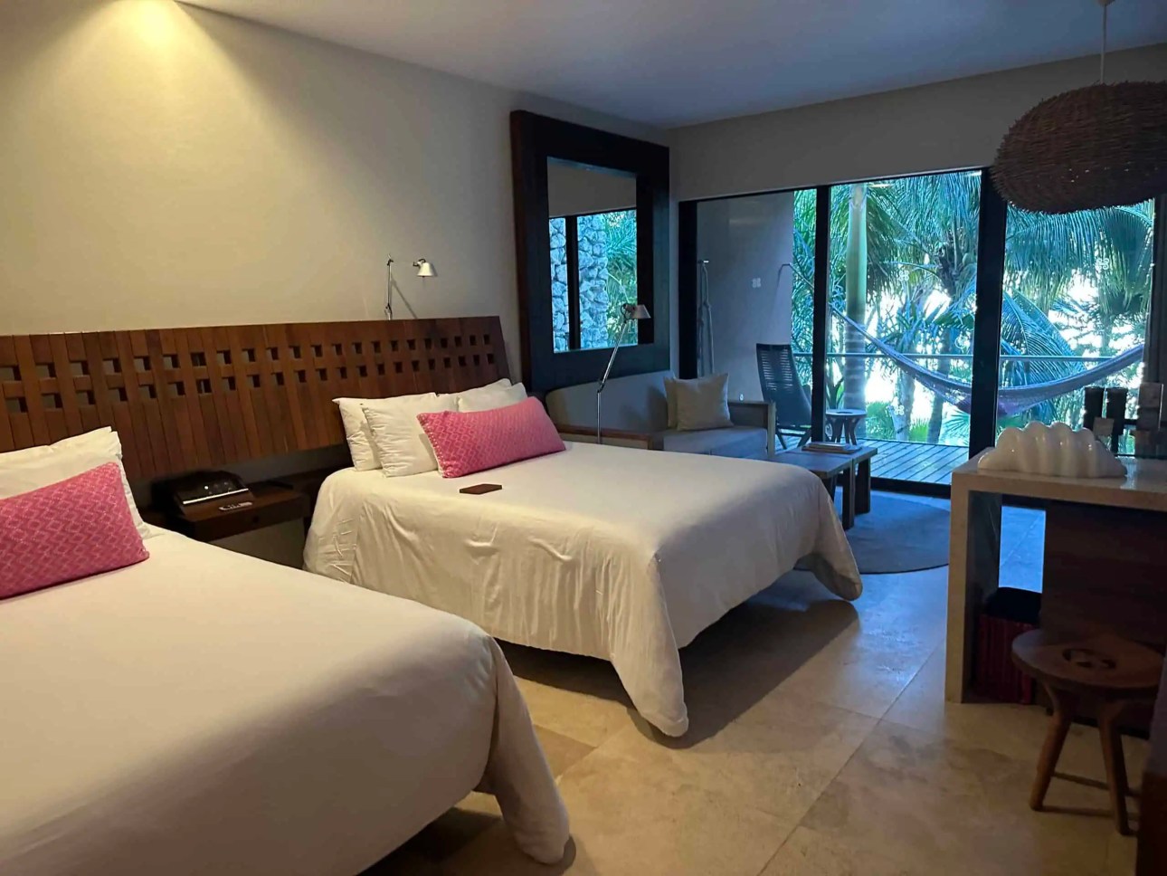 Two queen garden view room in Viento Building 2 at Hotel Xcaret Mexico with balcony and hammock