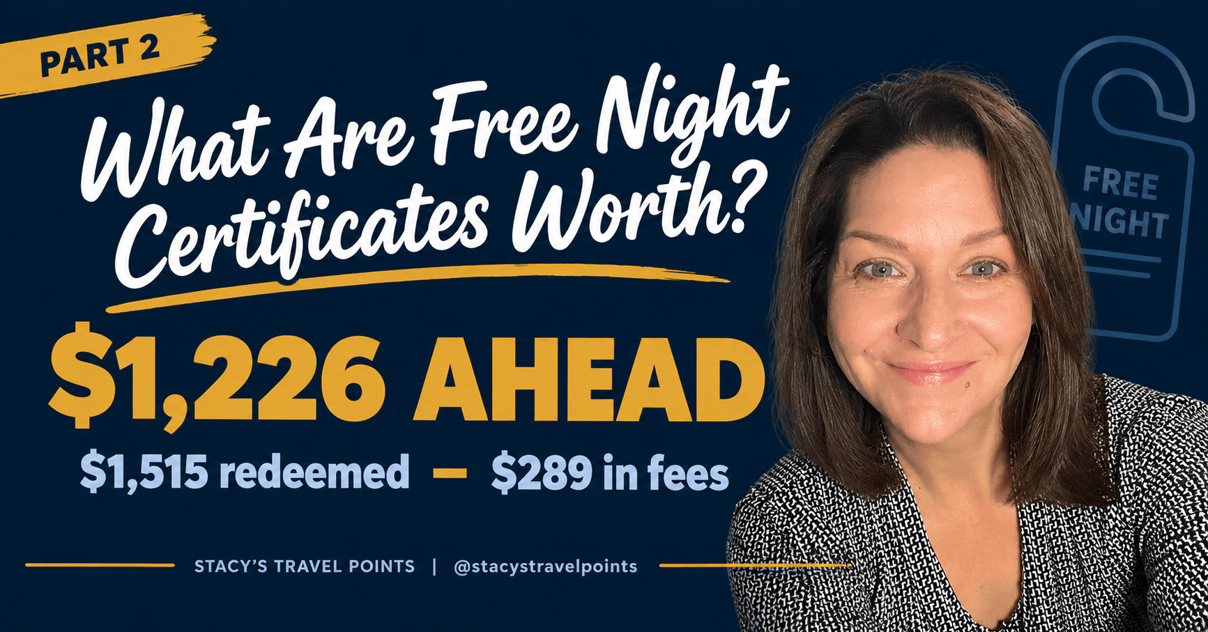 What are free night certificates worth showing $1,226 ahead from $1,515 redeemed minus $289 in fees