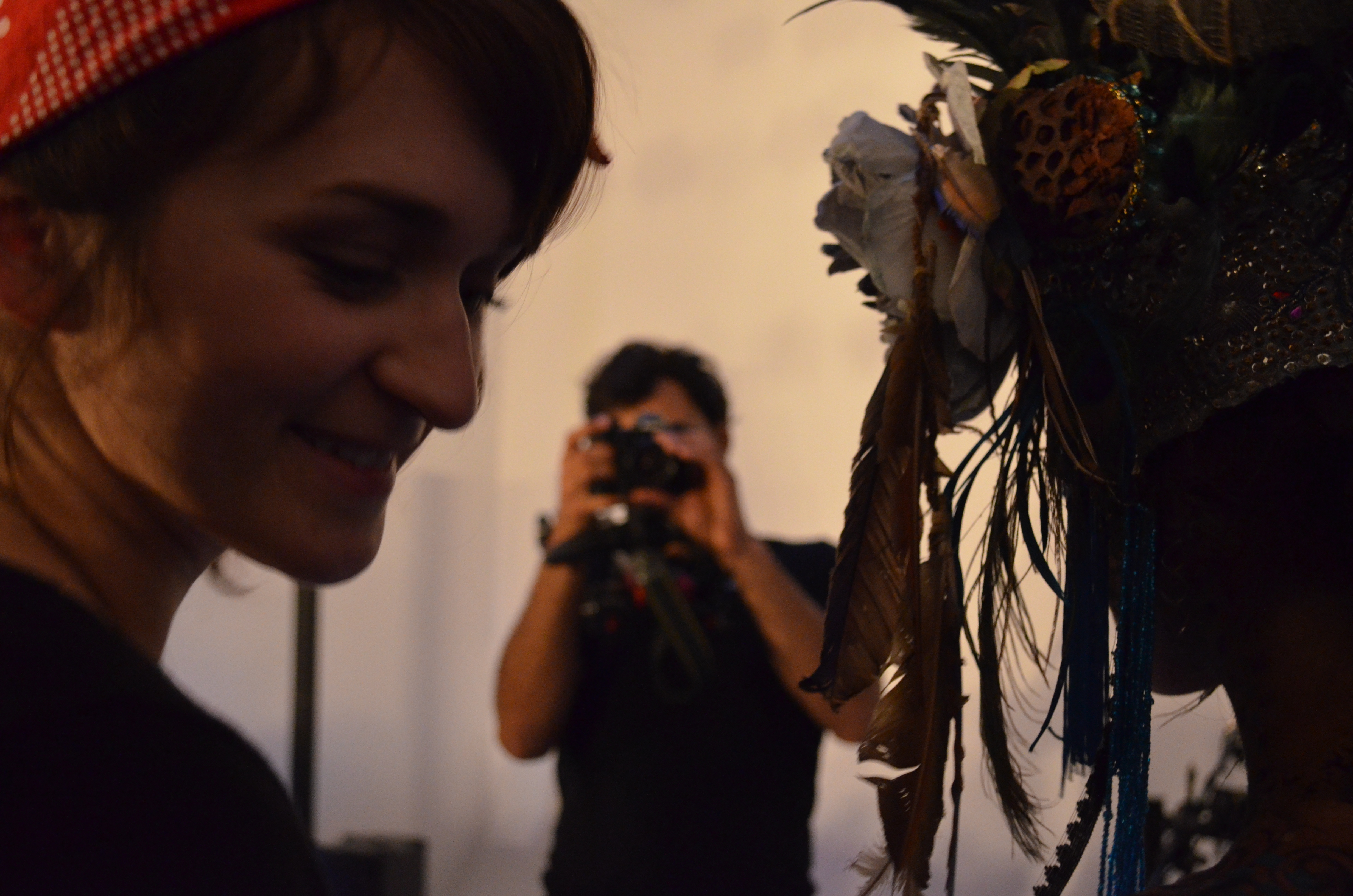 Body paint artist Natacha Trottier has a private word with her model offstage.