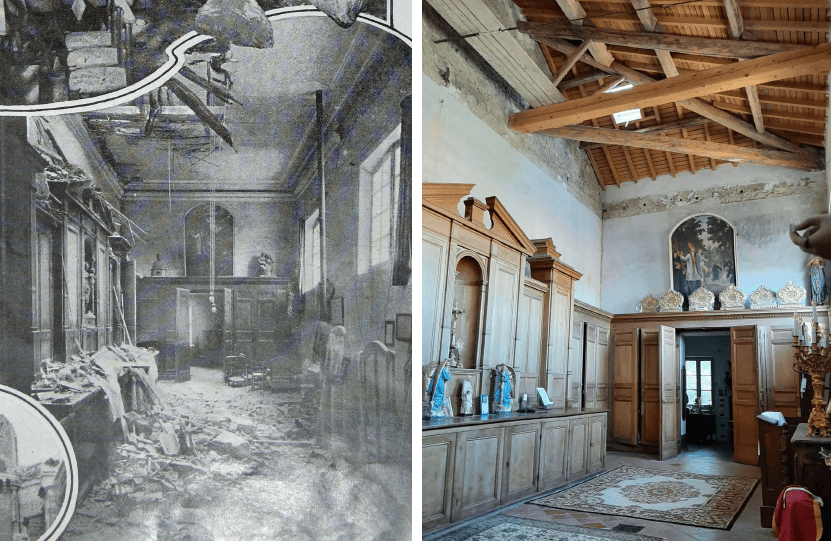 Montage comparant une vue ancienne et la charpente découverte