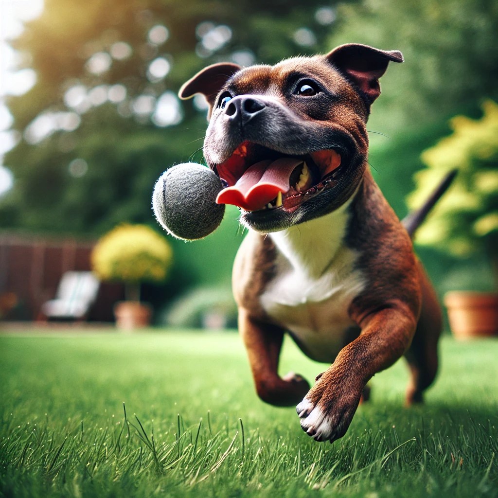 Staffordshire Bull Terrier playing fetch in a backyard.