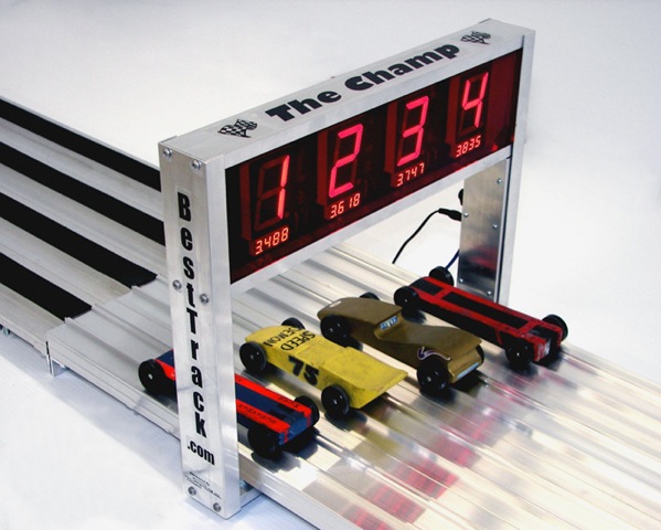 High-Tech Pinewood Derby Racetrack Resolves Race Times 0.00005 Seconds