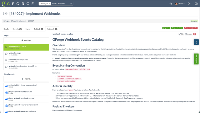 GForge ticket Notebook tab showing pages list, attachments, and rendered Markdown design document