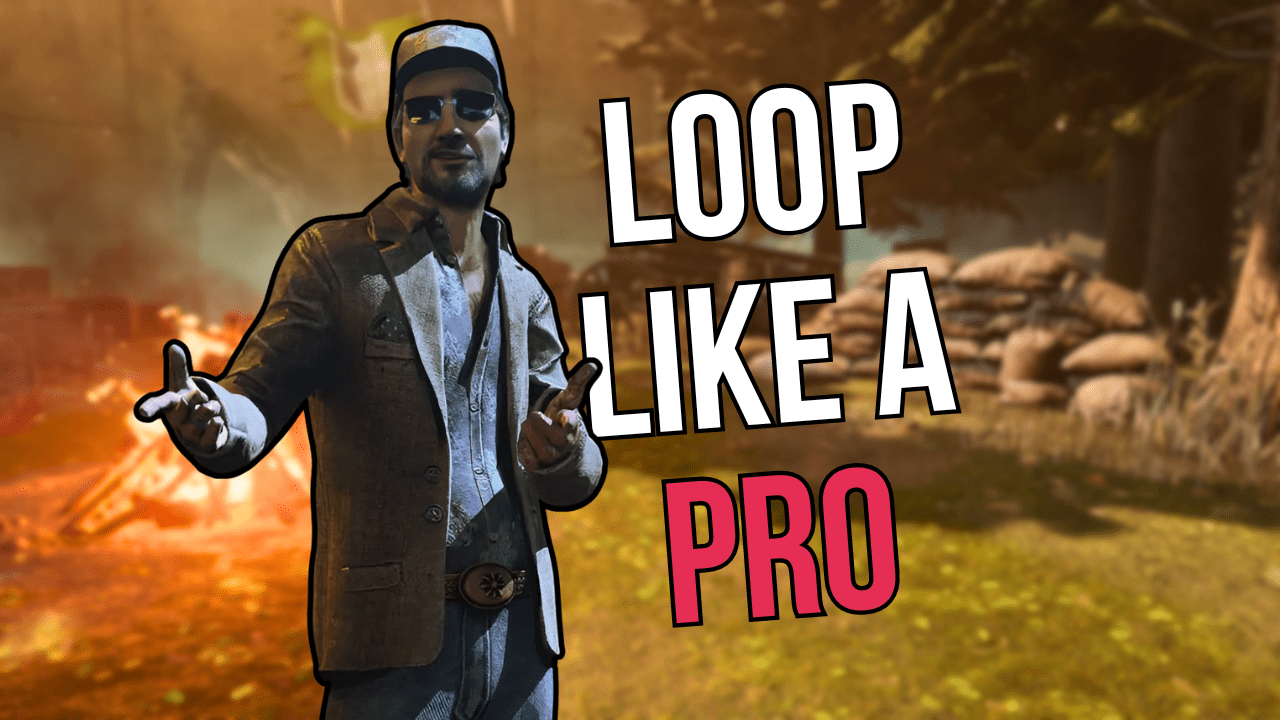 Promotional image for a Dead by Daylight guide, featuring Ace, a male character with sunglasses and a hat, gesturing with his hands. The background shows a forest scene, typical of a game map. Bold text overlay reads 'LOOP LIKE A PRO'