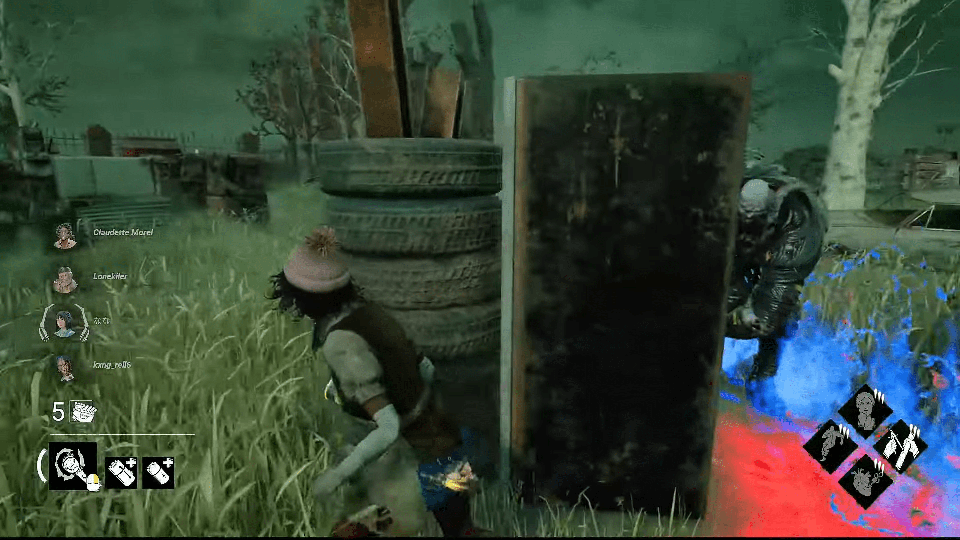 Survivor assessing the environment for the next loop point while in a chase, showcasing strategic movement.