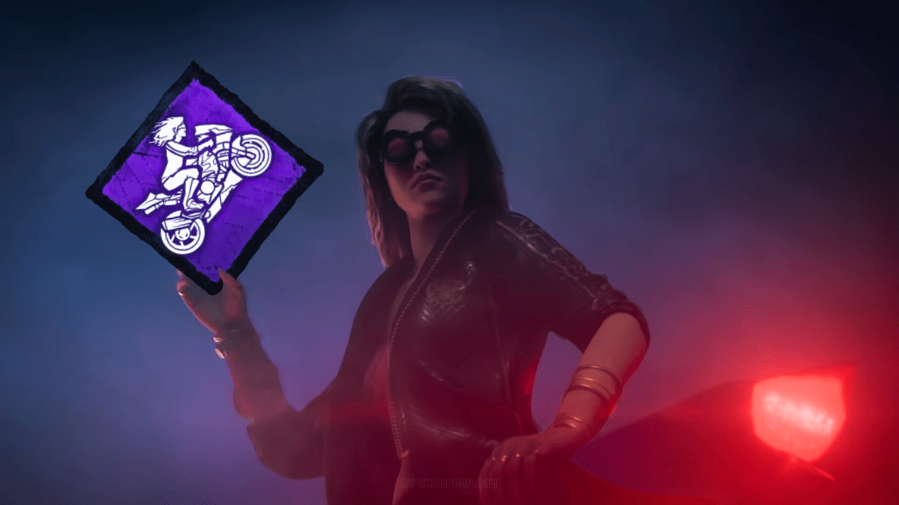 A character from Dead by Daylight wearing sunglasses and a leather jacket holds up a purple perk icon featuring a figure riding a motorcycle, symbolizing the Background Player perk. The background is dark with a red light illuminating the scene, giving it a dramatic and intense atmosphere.
