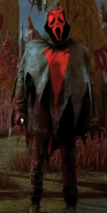 A figure in a tattered cloak with a red, screaming face design stands in a dense, colorful forest.