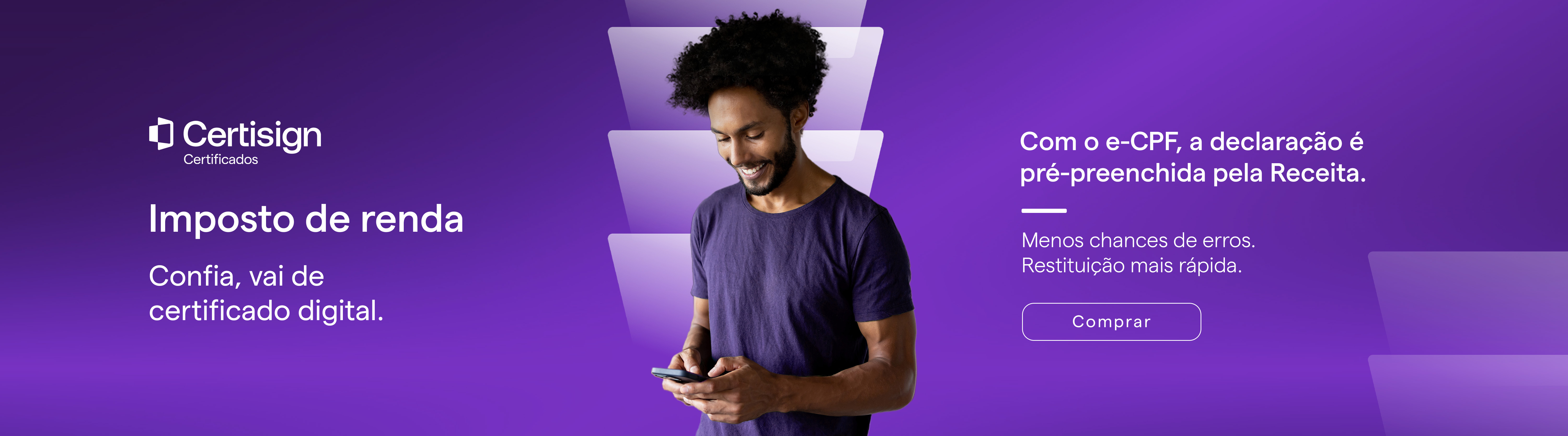 Como declarar Imposto de Renda com certificado digital | Imagem de um homem negro comprando pelo celular num banner de e-commerce | Certificação Digital | Blog da Certisign