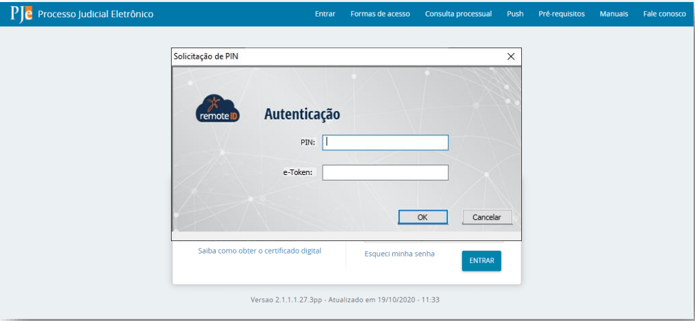 Como usar certificado na nuvem OAB no pje | Foto do site do pje na tela do remoteID inserindo certificado digital no sistema | Certificado Digital | Blog da CertiSign