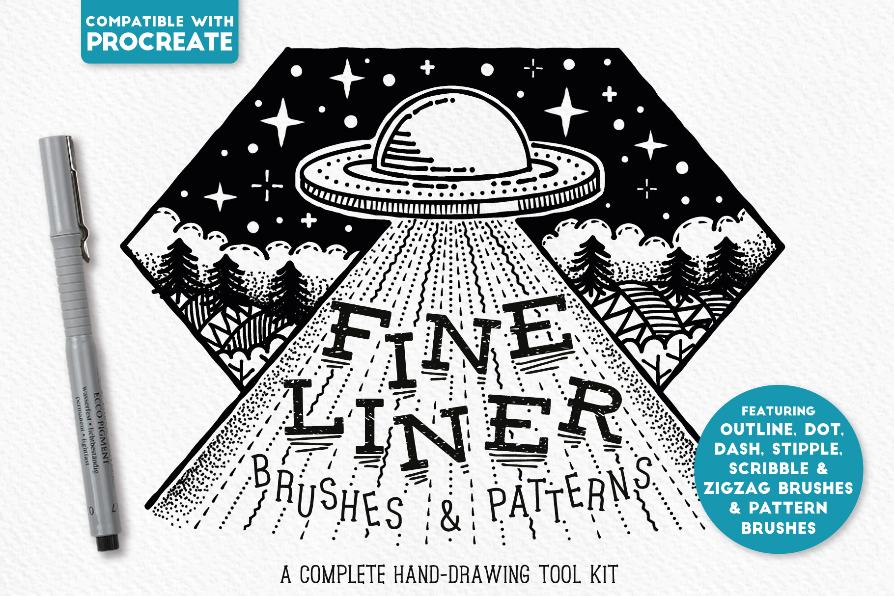 Fine liner brushes for Procreate - cover design featuring a UFO and hand drawn type.