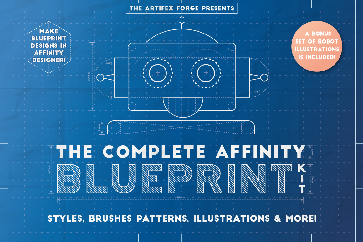 Blueprint design tool kit for Affinity designer featuring layer styles, text effects, arrow brushes, repeat patterns, folded paper textures and robot illustrations