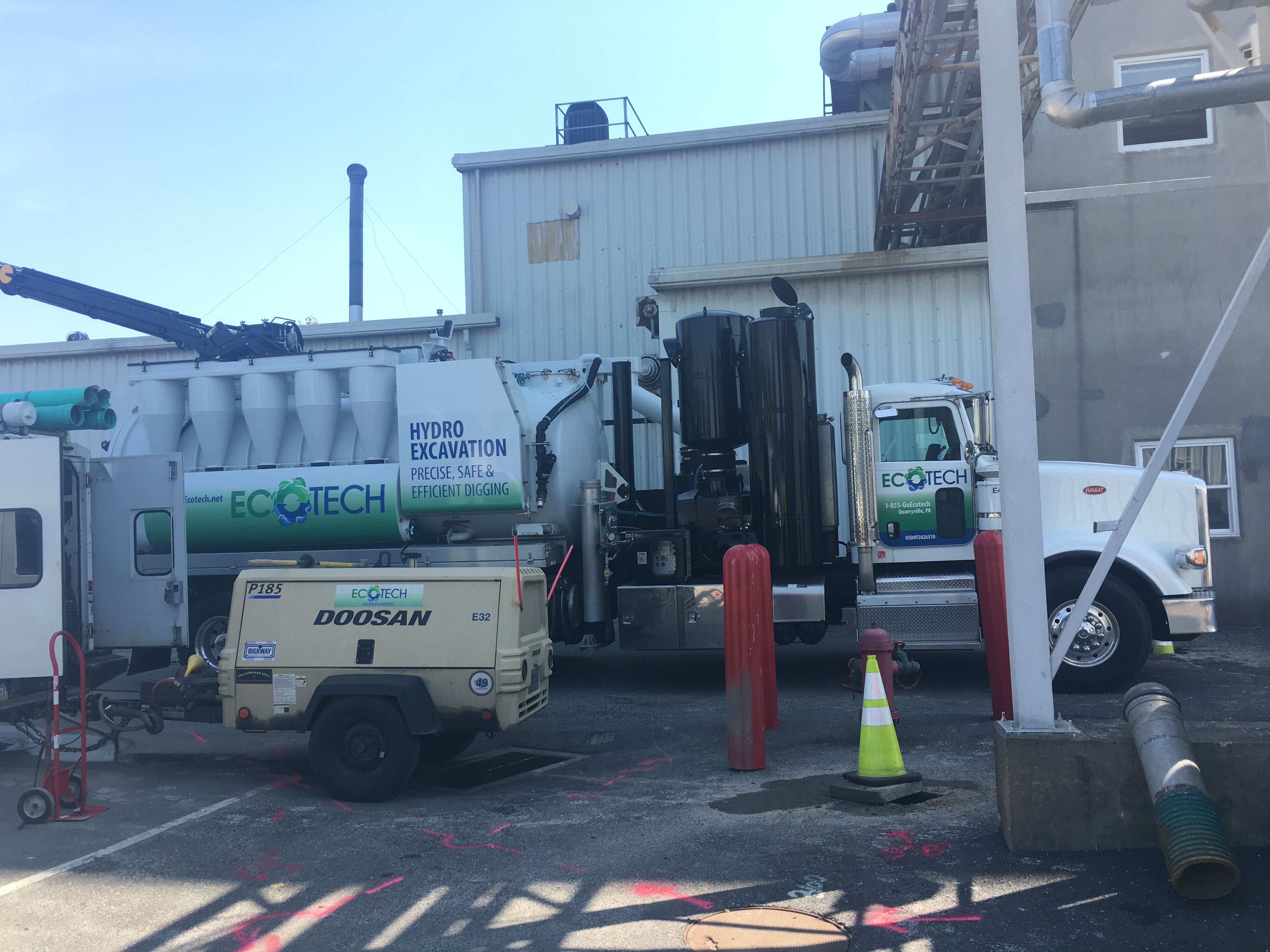 Emergency call to assist in the cleanup of a commercial job site due to excessive rain and flooding. We put our vacuum excavator’s high powered industry leading blowers to the test on this remote excavation job. We ran a 100 feet of remote hose and the material was vacuumed up a 70 foot vertical incline.