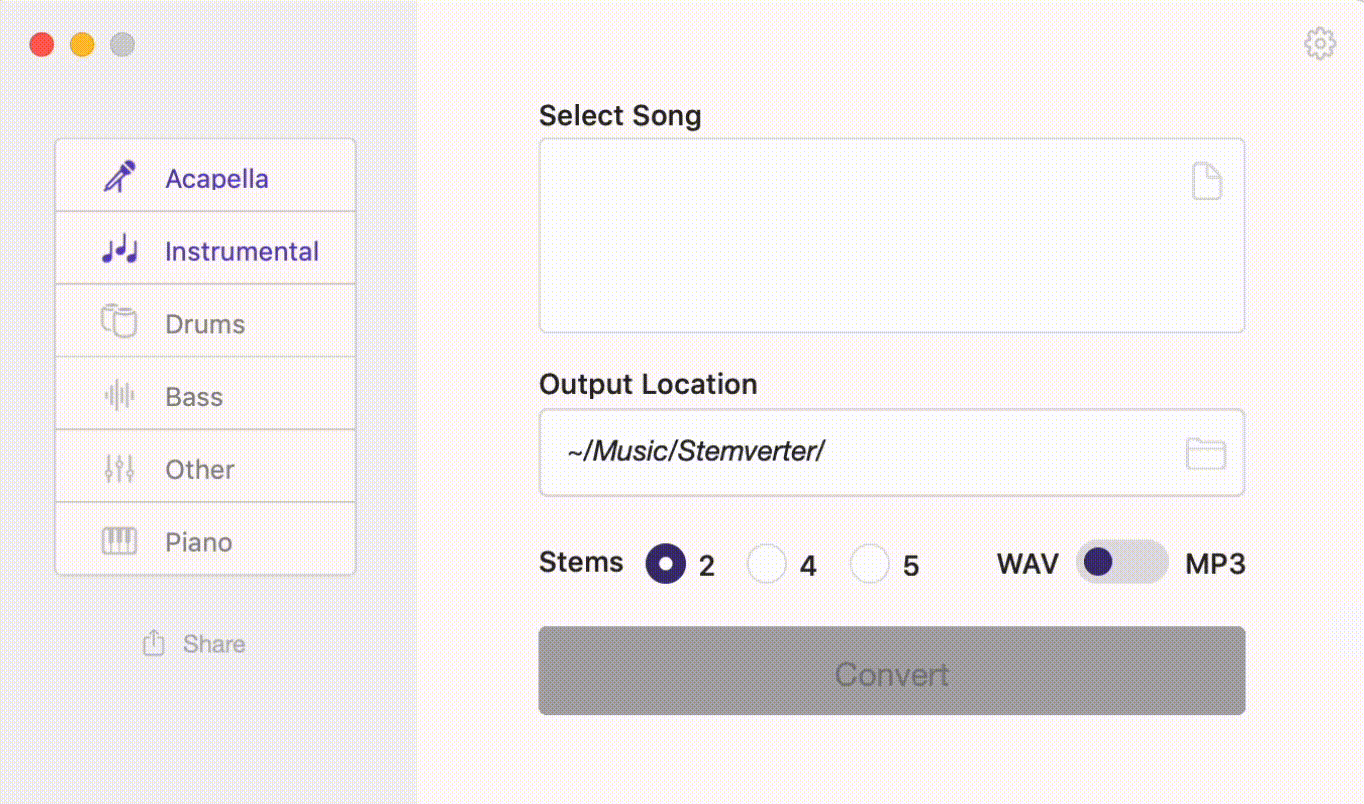 A software interface for song conversion, allowing users to select songs, set output location, choose the number of stems, and select between WAV or MP3 formats. "Convert" button at the bottom.