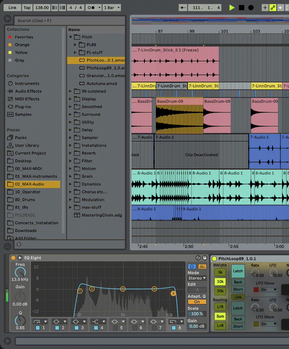 A screenshot of an audio editing software interface showing multiple tracks with waveforms, effects, and an equalizer panel at the bottom. Various tools and settings are visible on the side panel.