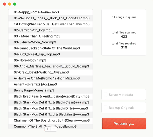 An app interface, 3vise main window showing 81 songs in queue for repair out of a total of 423. The "Preparing..." button is visible, along with options to "Scrub Metadata" and "Backup Originals.