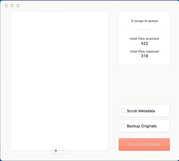 A software interface shows a progress report: 0 songs in queue, 422 files scanned, 318 files repaired. Options to "Scrub Metadata" and "Backup Originals" are unchecked. "Scan and Repair" button is active.