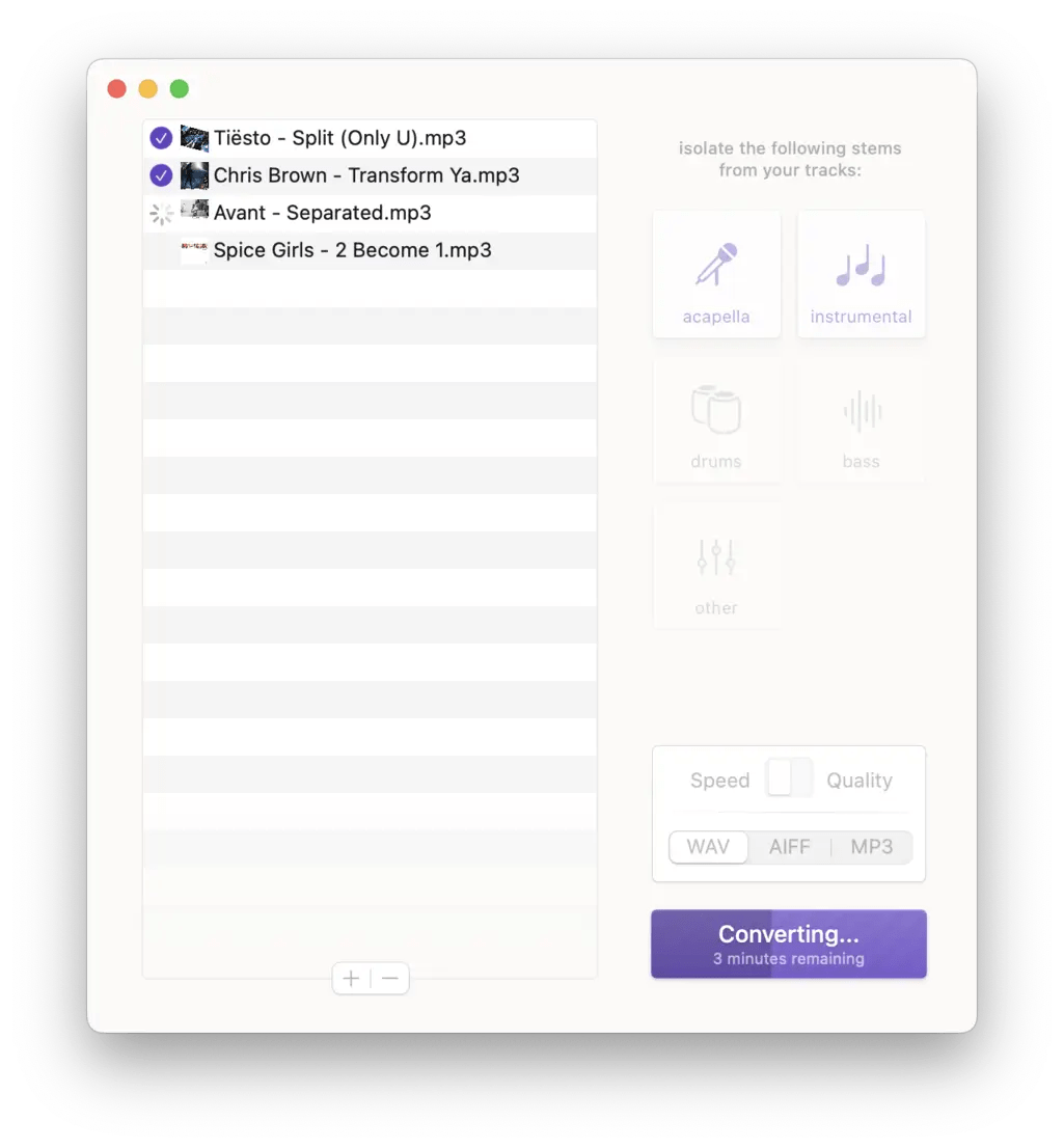 A Stemverter 3 window showing a list of four audio tracks with options to isolate different audio stems. A progress bar indicates that a track is being converted with 3 minutes remaining.