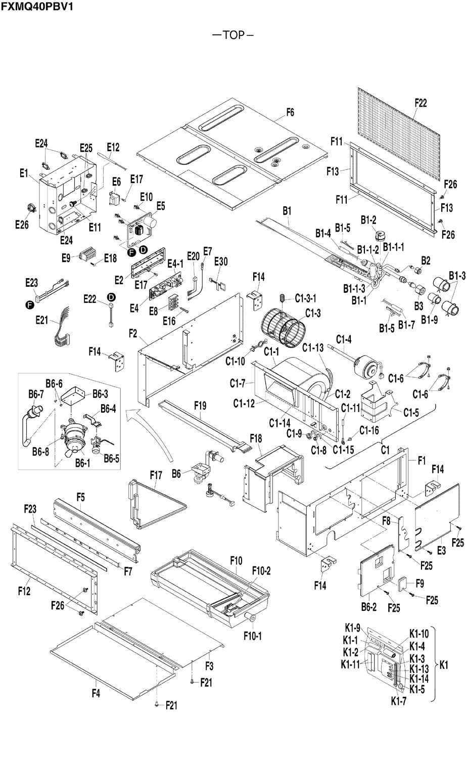 Exploded view of Daikin FXMQ40PBV1 with spare part reference codes