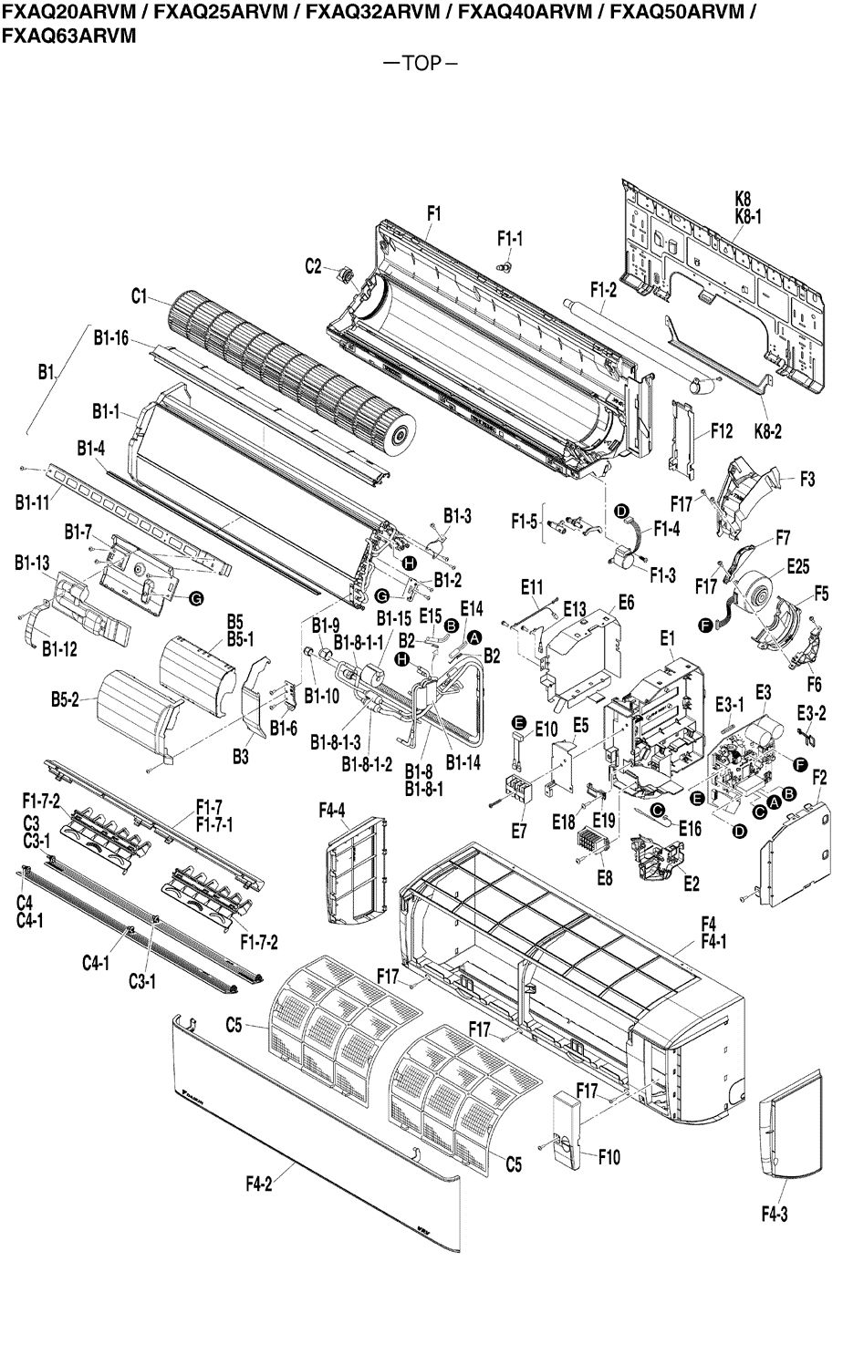 Exploded parts drawing for Daikin FXAQ20ARVM, FXAQ25ARVM, FXAQ32ARVM, FXAQ40ARVM, FXAQ50ARVM and FXAQ63ARVM wall-mounted VRV indoor units