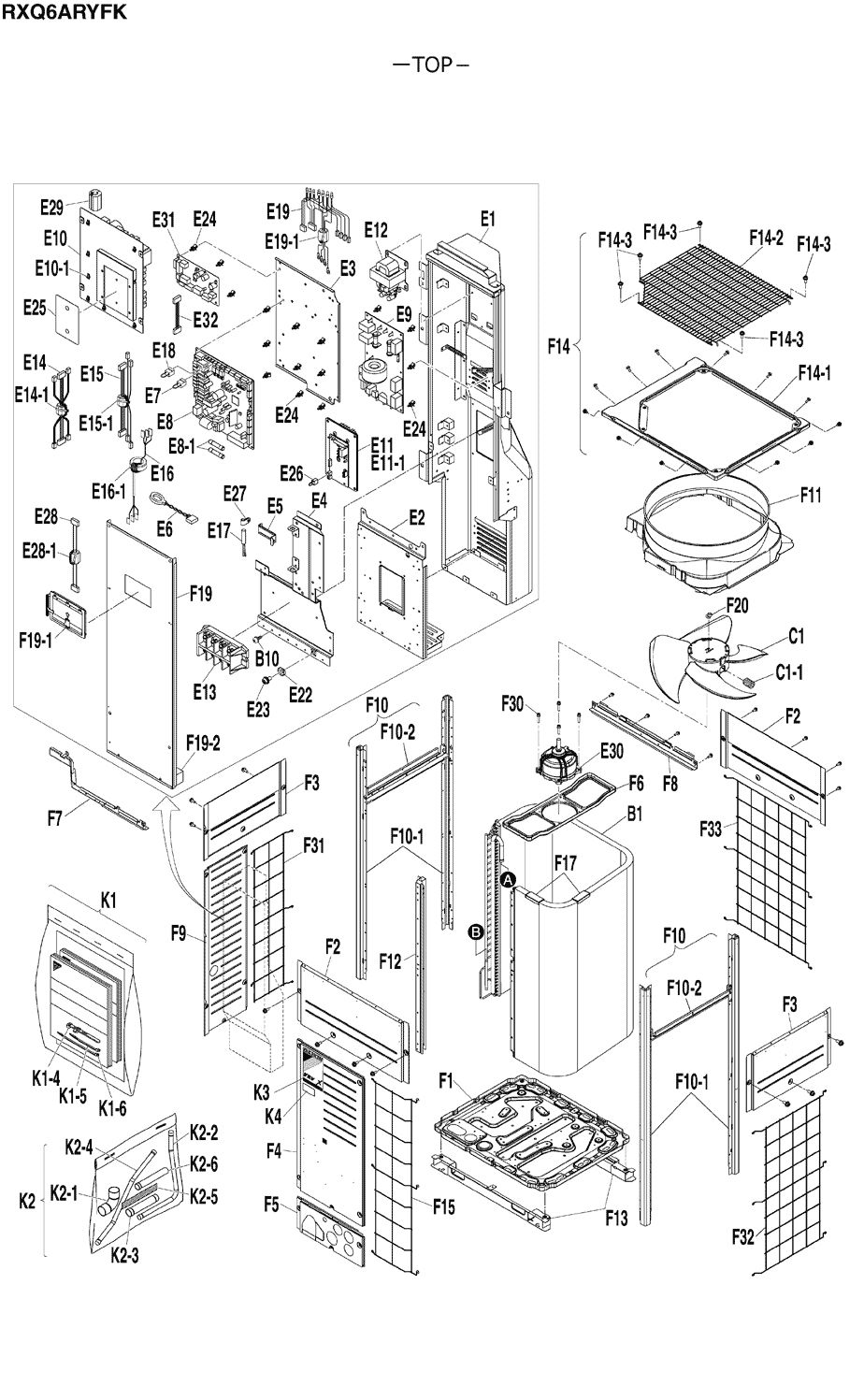 Daikin RXQ6ARYFK electrical and enclosure exploded parts drawing