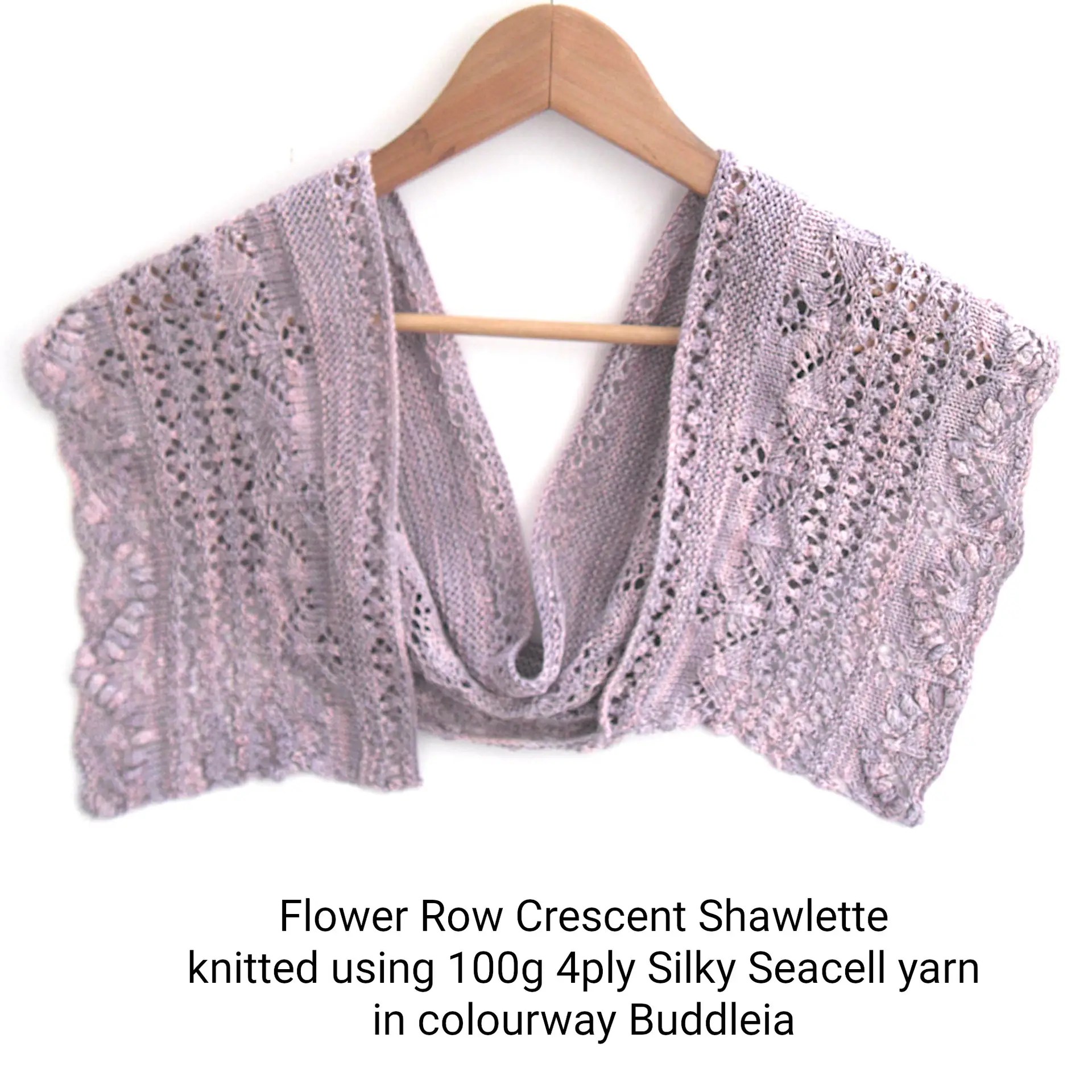 Flower Row Crescent Shawlette knitted using Silk Seacell yarn in colourway Buddleia
