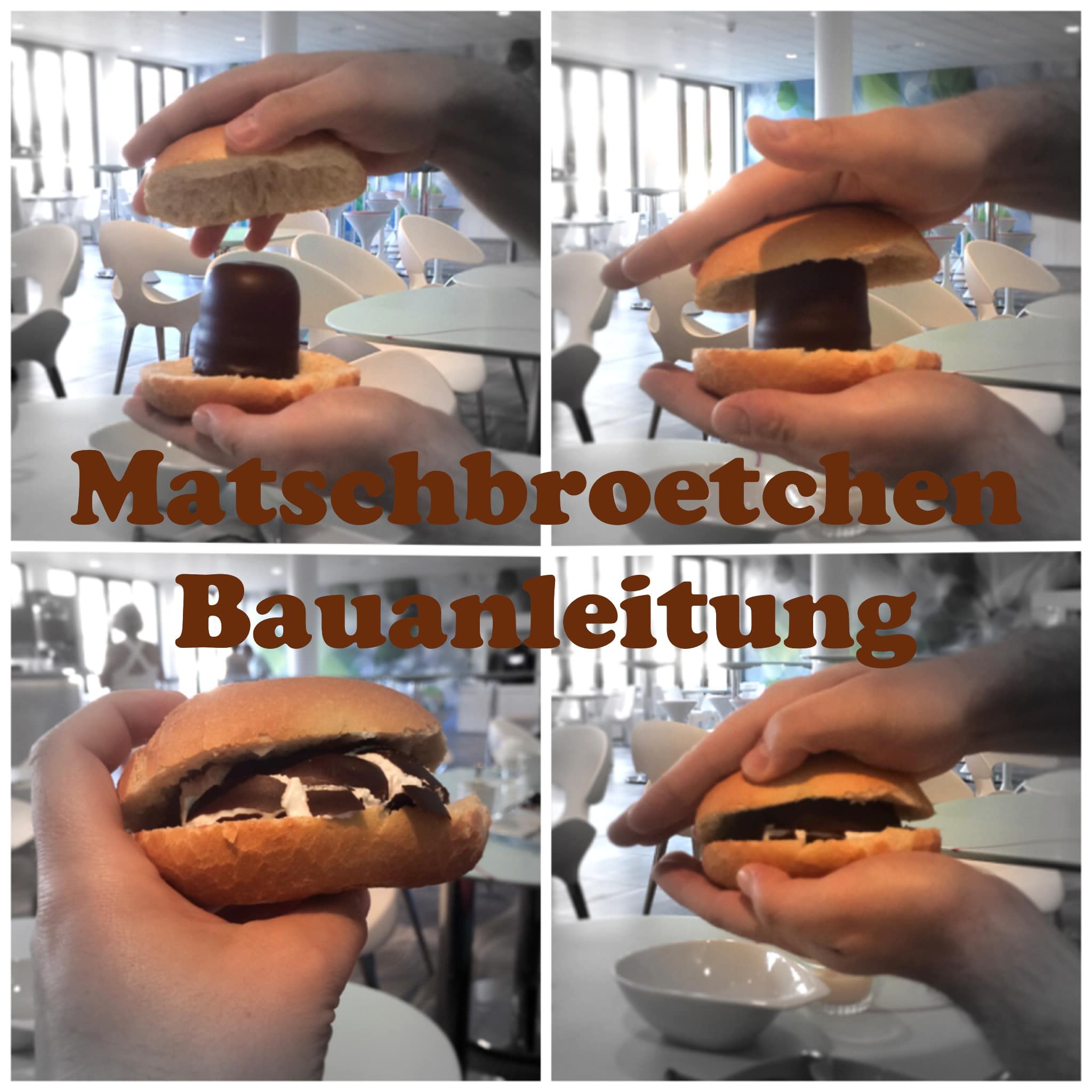 Eine Collage aus vier Bildern zeigt Hände, die in einem modernen Café ein Matschbrötchen herstellen. Die einzelnen Schritte entfalten sich und geben den Blick auf diese köstliche Köstlichkeit frei. In der Mitte ist in Braun der Text „Matschbrötchen Bauanleitung“ eingelegt, der an den verspielten Charme des prizeotel Hamburg erinnert.