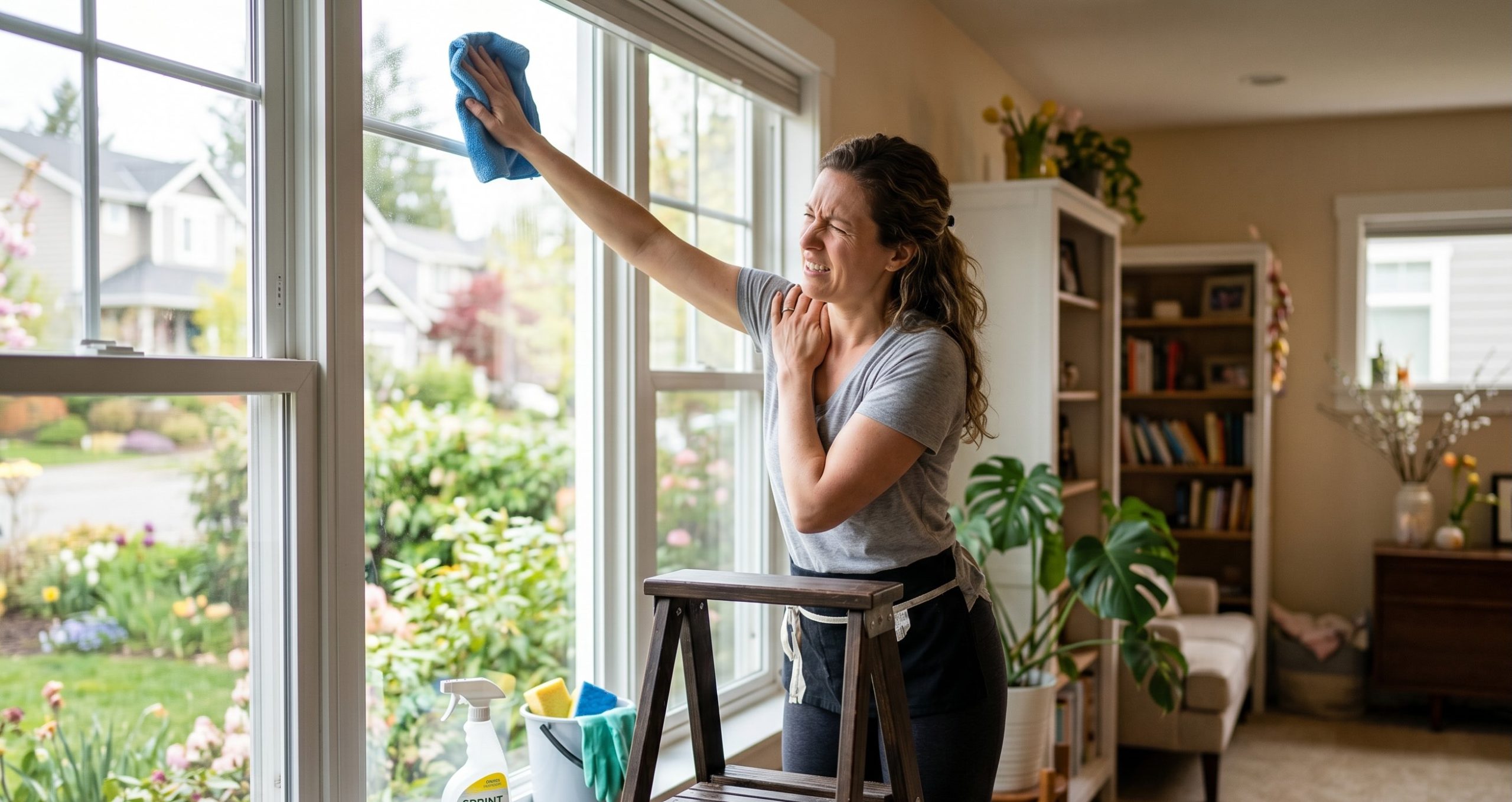 Woman spring cleaning her home windows on a step ladder, holding her shoulder because she strained the muscles and joints while window washing on a busy Boise afternoon.