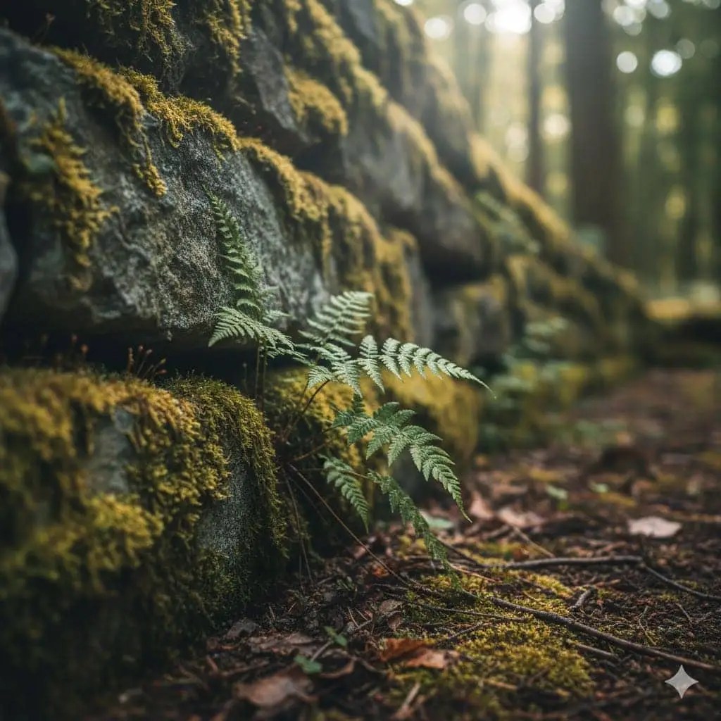 Et stemningsfuldt nærbillede af Englesød (Polypodium vulgare) i sin naturlige habitat: Den lille, stedsegrønne bregne vokser i en sprække på et gammelt stendige, omgivet af mos og fugtig skovbund. Fokus på de smukke, fjerdelte blade og den krybende jordstængel, der anes under bladene. Blødt, naturligt lys filtrerer gennem trækronerne og skaber en eventyrlig, nordisk stemning.