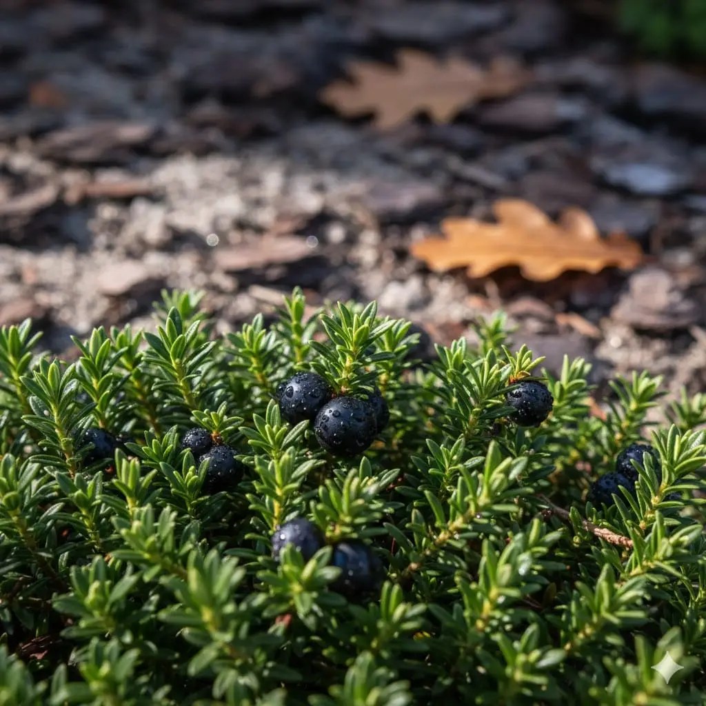 Et stemningsfuldt nærbillede af revling (Empetrum nigrum) i et dansk surbundsbed. Fokus på de tætte, stedsegrønne, nåleformede blade og de små, blanksorte bær, der lyser op mellem bladene. Baggrunden er let sløret og viser sandet jord og enkelte egeblade, mens sollys filtrerer ned og skaber et naturligt, nordisk udtryk.
