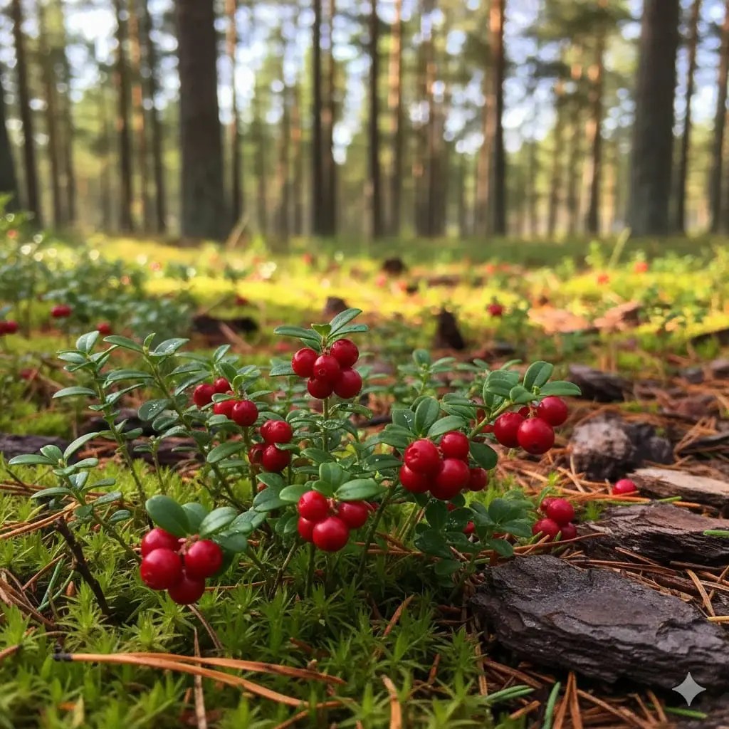 Et stemningsfuldt billede af tyttebær (Vaccinium vitis-idaea) i en nordisk have: Små, røde bær på lave, stedsegrønne buske, omgivet af mos, barnåle og barkflis. Blødt, naturligt lys filtrerer gennem høje nåletræer i baggrunden, og dugdråber glimter på bladene. Stemningen er frisk, rolig og inspirerende – et perfekt øjeblik fra det vilde, nordiske køkken.