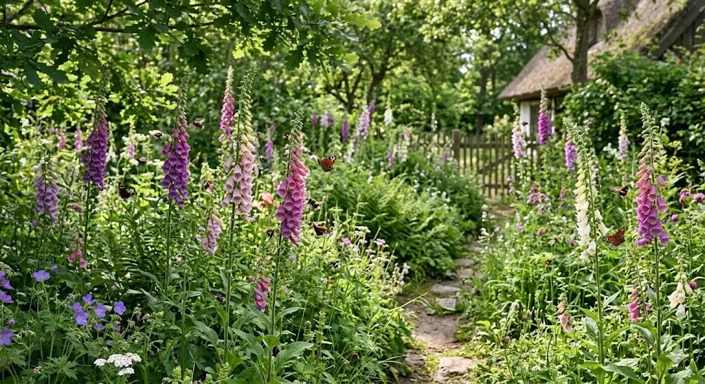 En frodig, vild have i forsommeren, hvor smukke, høje fingerbøl-blomster i lilla, hvide og lyserøde nuancer står i fuldt flor blandt grønne planter og vilde urter. Sollyset filtrerer blødt gennem trækronerne, og bier og sommerfugle sværmer omkring blomsterne. Stemningen er fredfyldt, naturlig og fuld af biodiversitet – et lille paradis for både planter og insekter.