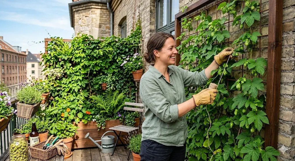 En frodig, grøn vertikal have på en solrig altan eller husmur, hvor humleplanter vokser hurtigt op ad et stilfuldt espalier. Små blomster og grønne blade dækker væggen, og i forgrunden står en person med havehandsker og et smil, mens de binder humle op. Stemningen er optimistisk og bæredygtig, med fokus på hjemmebryg og CO2-binding. Farverne er friske og naturlige, og billedet udstråler glæde ved at dyrke sin egen grønne oase i byen.