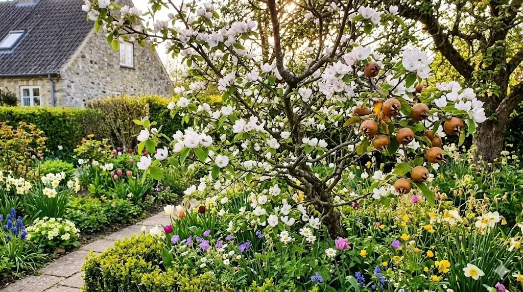 Et stemningsfuldt billede af et gammelt mispeltræ i blomst i en frodig, dansk have. Træet står omgivet af grønne buske og vilde blomster, med modne, gyldne mispelfrugter hængende fra grenene. Sollyset filtrerer blidt gennem løvet og skaber et idyllisk, historisk udtryk, der fremhæver træets prydværdi og den glemte frugt.