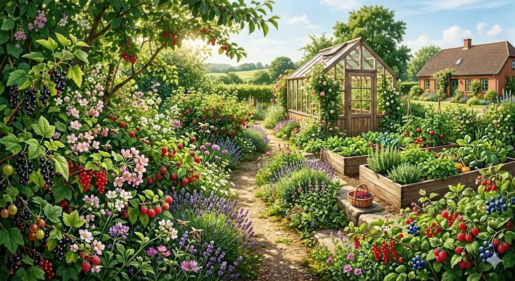 En frodig klimahave fyldt med forskellige frugtbuske og bærplanter i blomst og med modne frugter. Solen skinner blidt gennem grønne blade, bier summer omkring blomsterne, og en lille sti snor sig gennem haven. I baggrunden ses et hyggeligt drivhus og et par højbede med grøntsager. Stemningen er fredfyldt og indbydende, og haven emmer af selvforsyning og bæredygtighed.