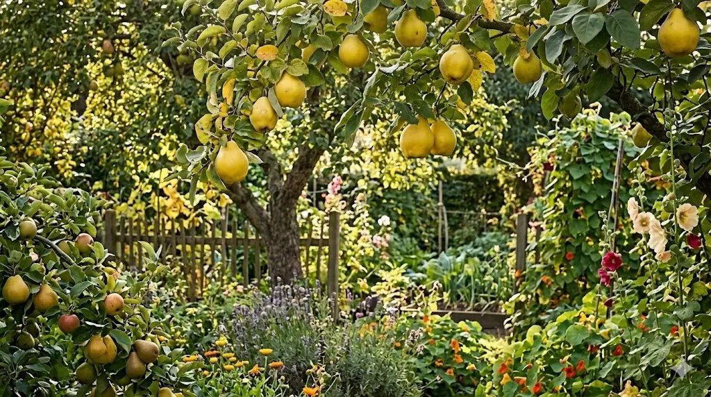 Et stemningsfuldt billede af en frodig, spiselig have i sensommeren med modne kvæder hængende på træerne. I forgrunden ses gamle frugtsorter og duftende blomster, mens solen blødt filtrerer gennem løvet og skaber et idyllisk, naturligt udtryk. Farverne er varme og indbydende, og haven emmer af liv og bæredygtighed.