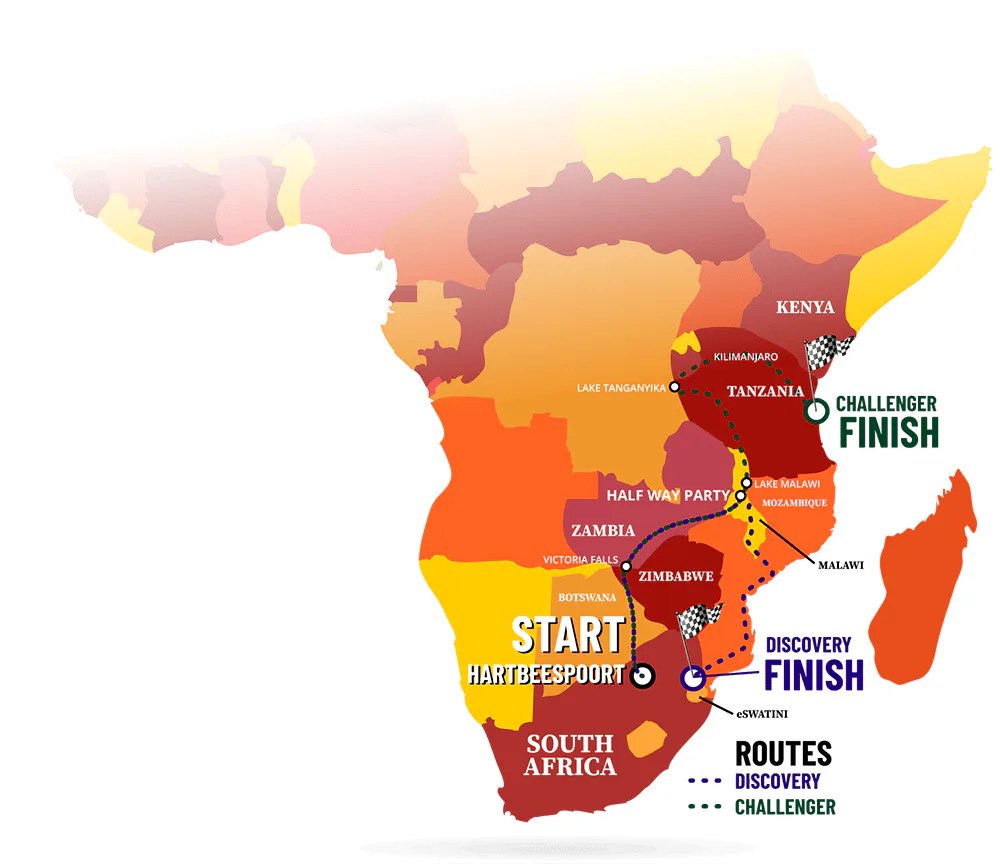 Africa Rally 2026 The Africa Rally Africa Map Africa Rally Colours For 2026 Two Routes Green Tanzania Finish For Website 